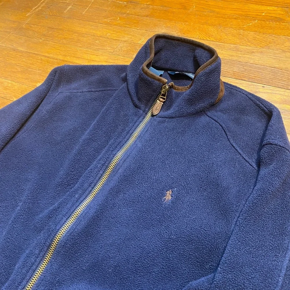 Polo Ralph Lauren Navy Blue Fleece Jacket Leather Trim Full Zip Mens XL